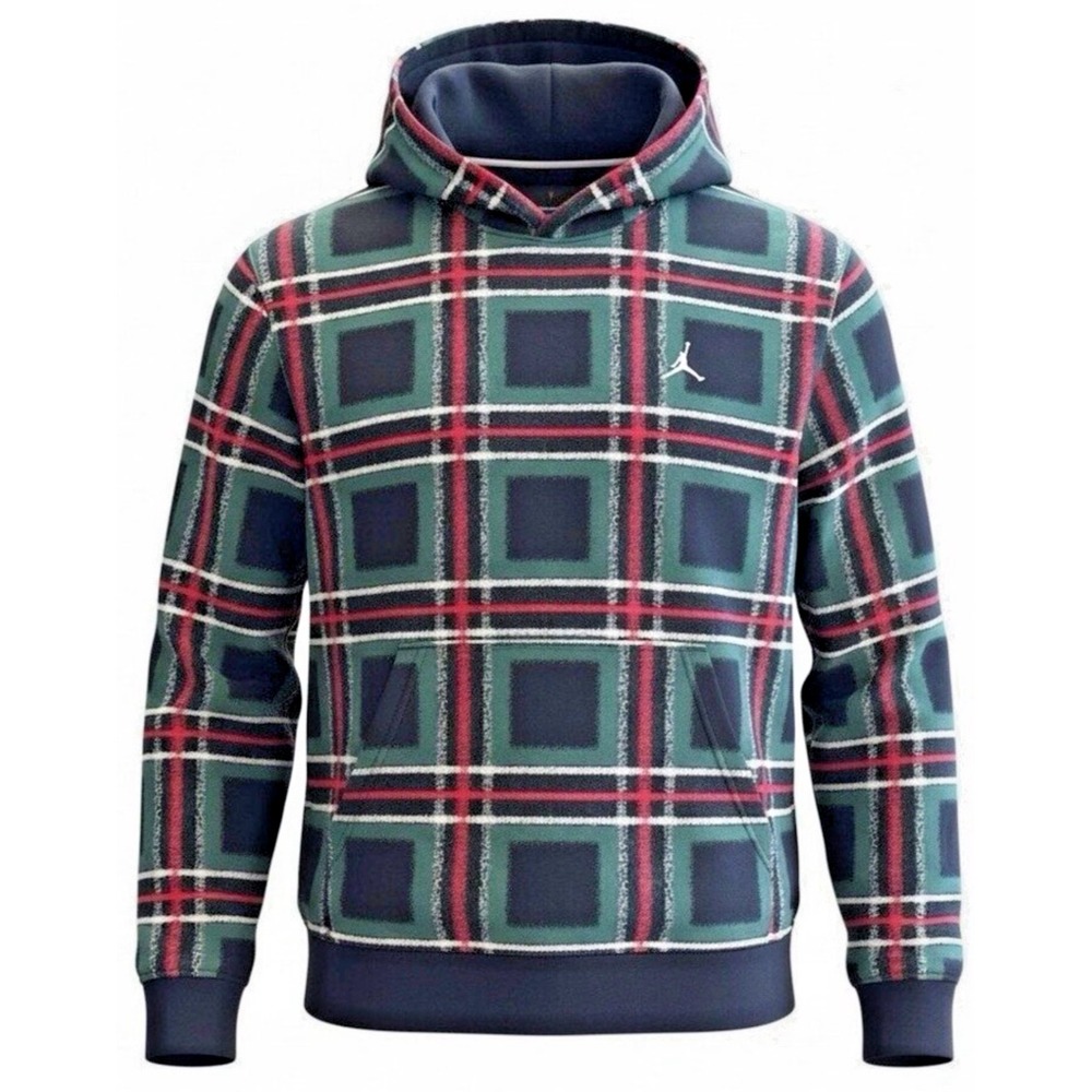 New NIKE Jordan Essentials Green Red Plaid Fleece Pullover Hoodie Men's XXL‎
